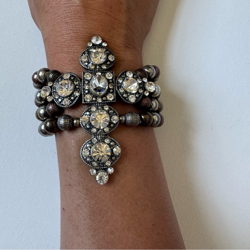 Rhinestone Cross Bracelet with Silver, Muted Gold, and Bronze Beads Women's